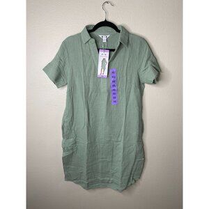 Three Dots Womens Green Cotton Collared Short Sleeve Shirt Dress XS Oversized NE